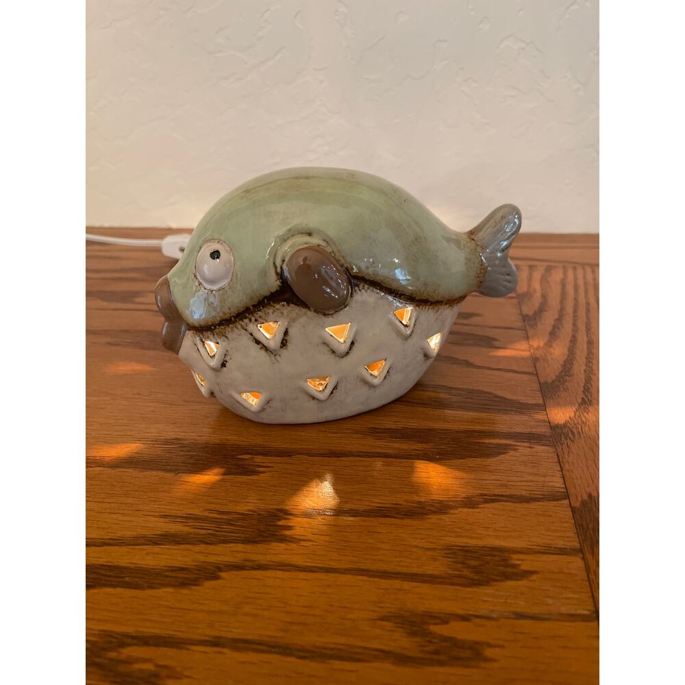 Vintage hand-glazed ceramic puffer fish figurine Lamp